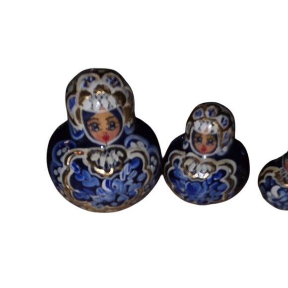 8 Nesting Dolls Russian Matryoshka Blue Gold Hand-Painted Artisan Signed - Picture 7 of 16